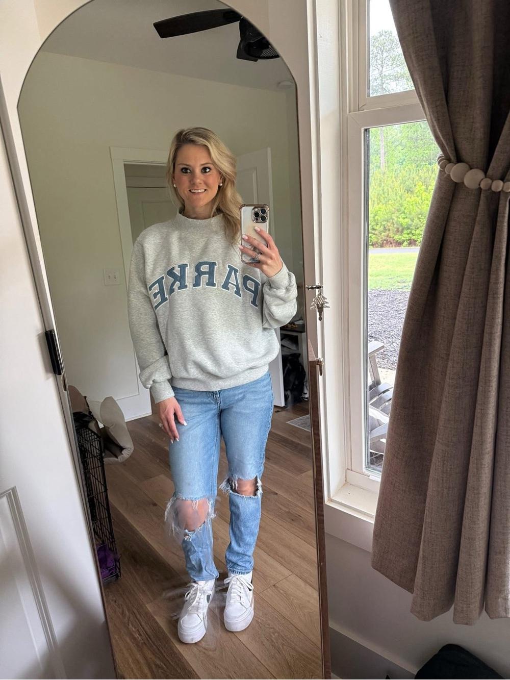 Parker Light Gray Crewneck Sweatshirt with Blue Lettering